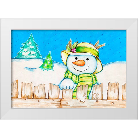 Snowman Fence White Modern Wood Framed Art Print by Wade, Valarie