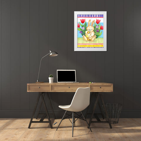 Bunny Hugs White Modern Wood Framed Art Print by Wade, Valarie