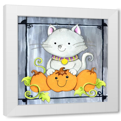 Pumpkins and Kitty 1 White Modern Wood Framed Art Print by Wade, Valarie