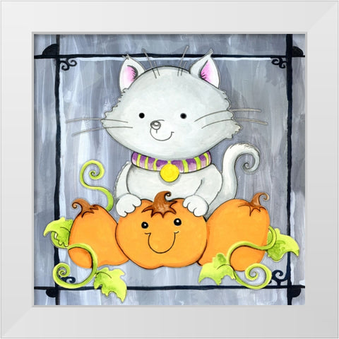 Pumpkins and Kitty 1 White Modern Wood Framed Art Print by Wade, Valarie