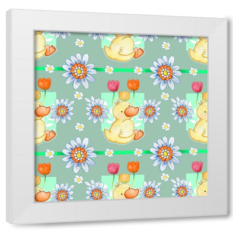 Duckie And Blue Flower White Modern Wood Framed Art Print by Wade, Valarie