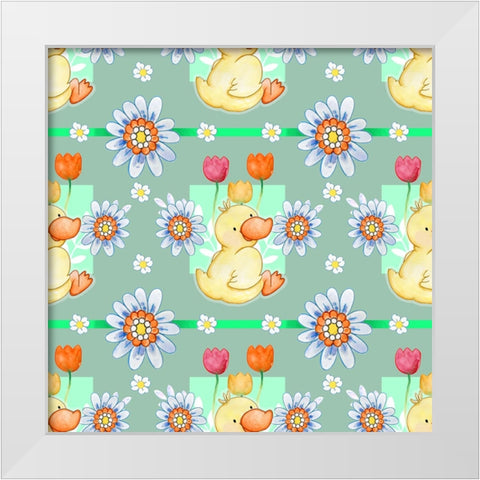 Duckie And Blue Flower White Modern Wood Framed Art Print by Wade, Valarie