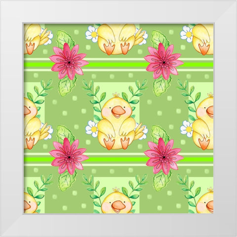 Duckie And Pink Flower White Modern Wood Framed Art Print by Wade, Valarie