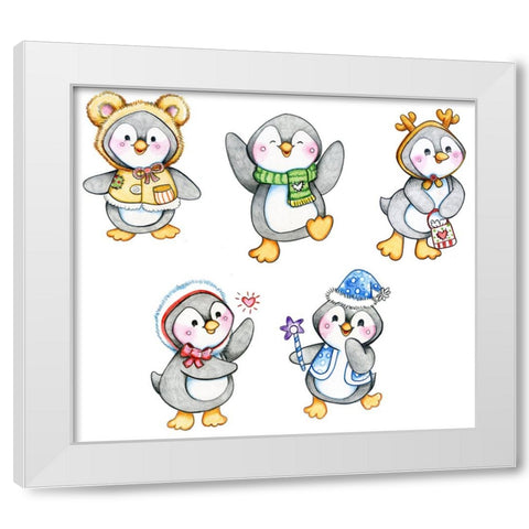Peguin Friends White Modern Wood Framed Art Print by Wade, Valarie