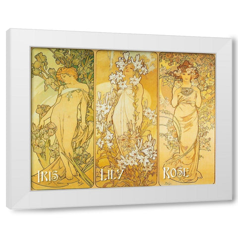 Mucha Iris Lily Rose White Modern Wood Framed Art Print by Vintage Apple Collection