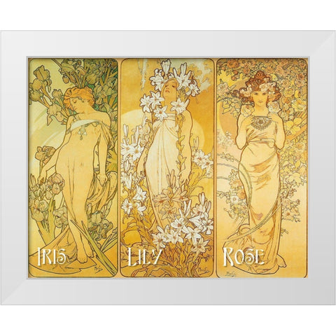 Mucha Iris Lily Rose White Modern Wood Framed Art Print by Vintage Apple Collection