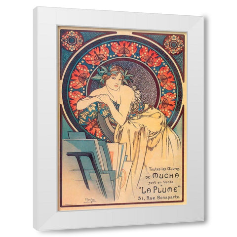 Mucha La Plume White Modern Wood Framed Art Print by Vintage Apple Collection