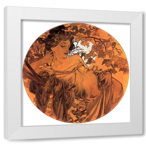 Mucha Autumn Medallion White Modern Wood Framed Art Print by Vintage Apple Collection