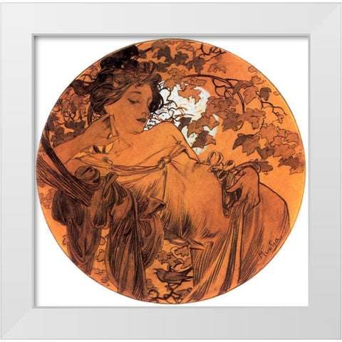 Mucha Autumn Medallion White Modern Wood Framed Art Print by Vintage Apple Collection