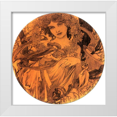 Mucha Summer Medallion White Modern Wood Framed Art Print by Vintage Apple Collection