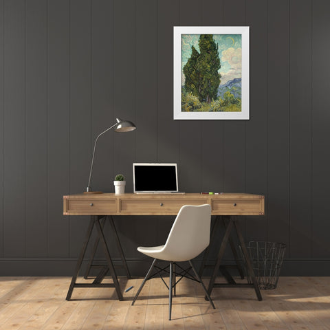 Van Gogh-Cypresses White Modern Wood Framed Art Print by Vintage Apple Collection