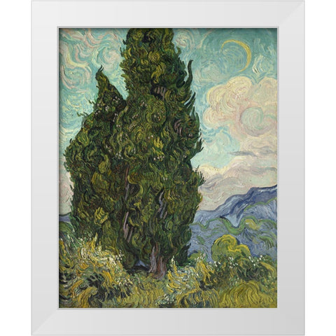 Van Gogh-Cypresses White Modern Wood Framed Art Print by Vintage Apple Collection