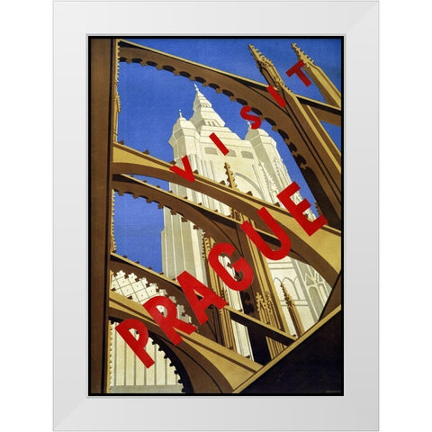 Trav Visit Prague White Modern Wood Framed Art Print by Vintage Apple Collection
