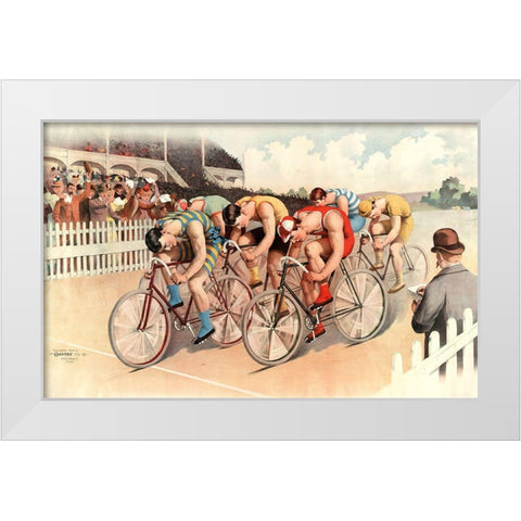 Bicycle Race Scene-1895 White Modern Wood Framed Art Print by Vintage Apple Collection