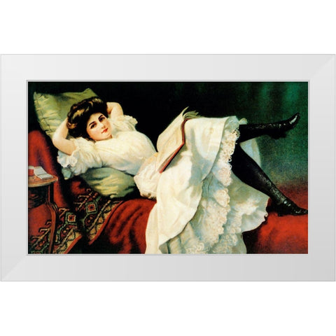 Beautiful Girl Laying On Couch White Modern Wood Framed Art Print by Vintage Apple Collection