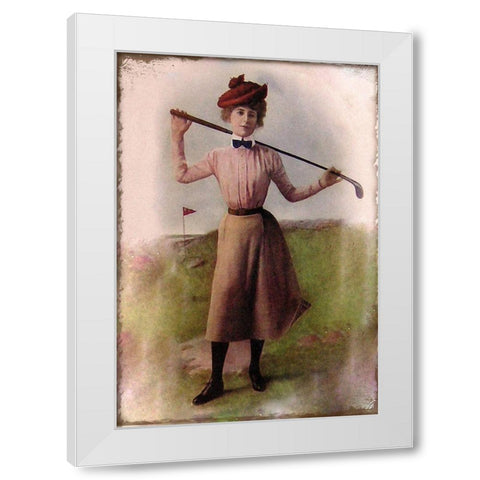 Vintage Lady Golfer White Modern Wood Framed Art Print by Vintage Apple Collection