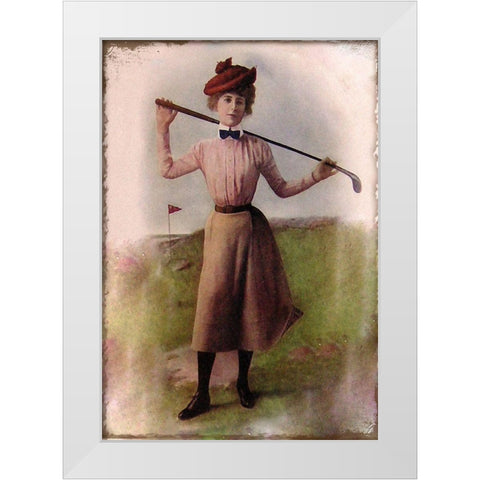 Vintage Lady Golfer White Modern Wood Framed Art Print by Vintage Apple Collection
