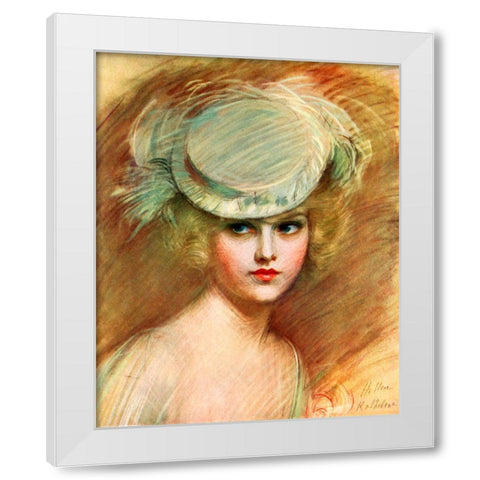 Lady In Green Hat White Modern Wood Framed Art Print by Vintage Apple Collection