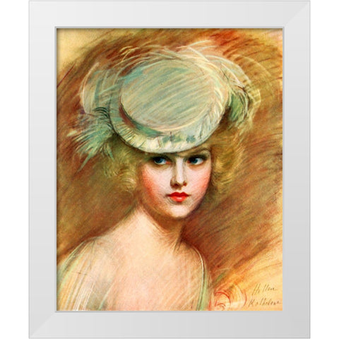 Lady In Green Hat White Modern Wood Framed Art Print by Vintage Apple Collection