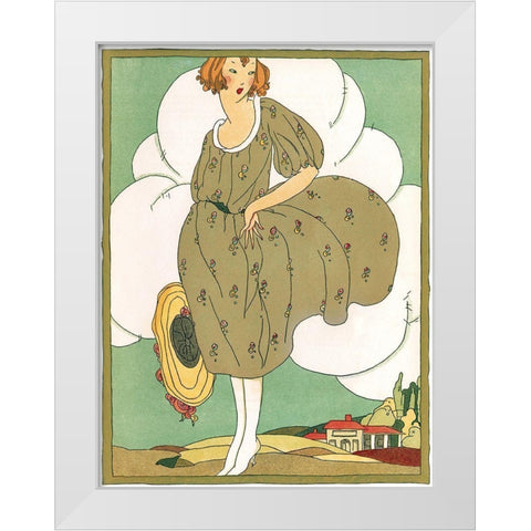 Lady In Green White Modern Wood Framed Art Print by Vintage Apple Collection