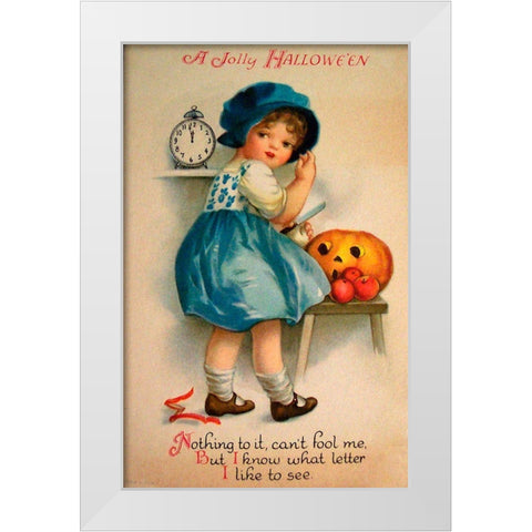 Halloween Blue Girl Clock.tif White Modern Wood Framed Art Print by Vintage Apple Collection