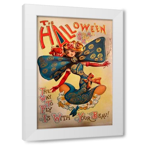 Halloween Fly With Your Beau.tif White Modern Wood Framed Art Print by Vintage Apple Collection