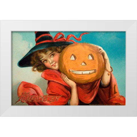 Halloween Girl Blue Sky Pumpkin.tif White Modern Wood Framed Art Print by Vintage Apple Collection