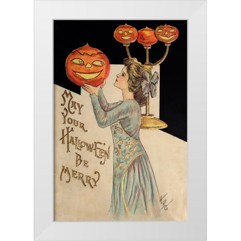 Halloween Girl Holding Pumpkin.tif White Modern Wood Framed Art Print by Vintage Apple Collection