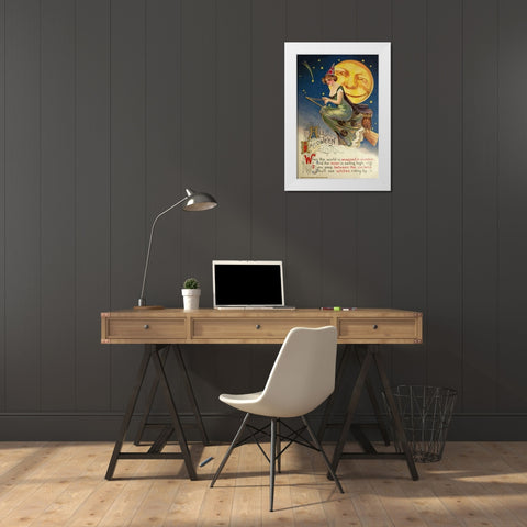 Halloween Witch Greendress Moon.tif White Modern Wood Framed Art Print by Vintage Apple Collection