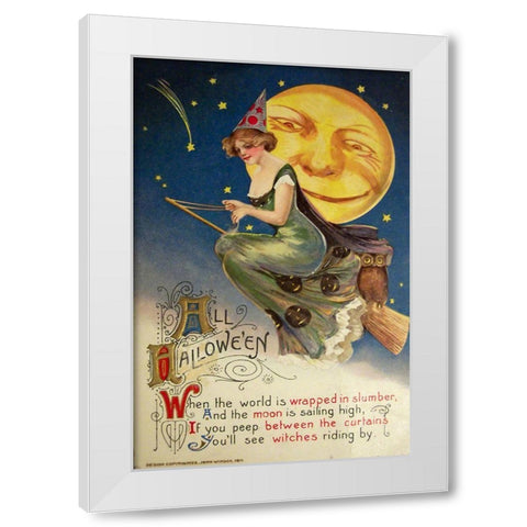 Halloween Witch Greendress Moon.tif White Modern Wood Framed Art Print by Vintage Apple Collection