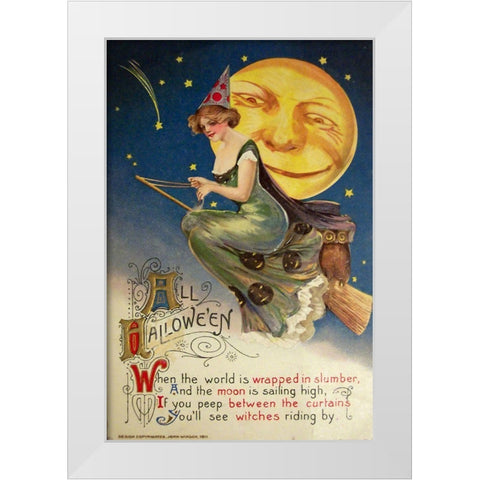 Halloween Witch Greendress Moon.tif White Modern Wood Framed Art Print by Vintage Apple Collection