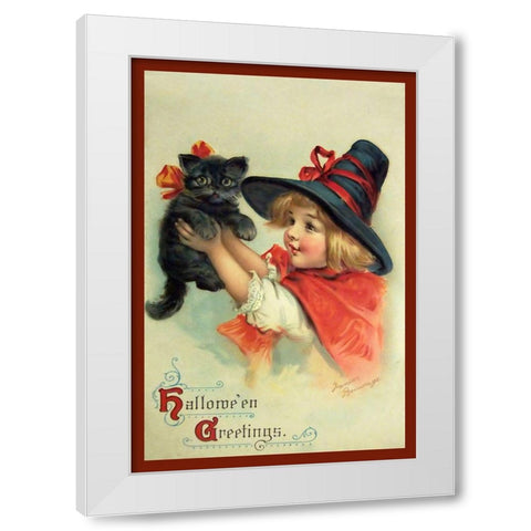 Little Witch And Halloween Kitty.tif White Modern Wood Framed Art Print by Vintage Apple Collection