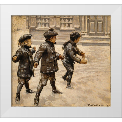 Boys Snowballs White Modern Wood Framed Art Print by Vintage Apple Collection