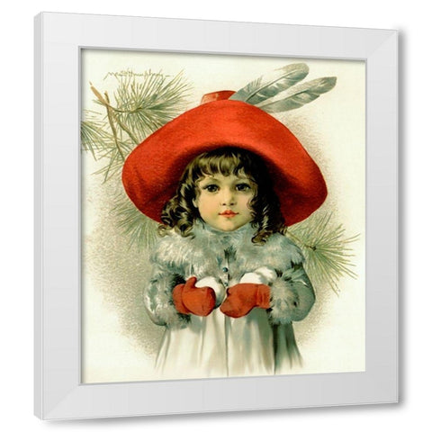 Xmas Girl With Snowballs White Modern Wood Framed Art Print by Vintage Apple Collection