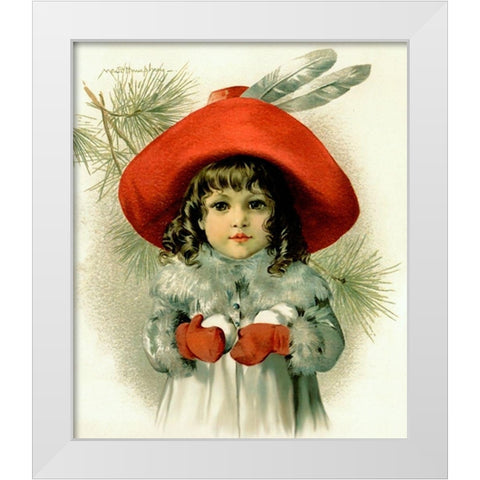 Xmas Girl With Snowballs White Modern Wood Framed Art Print by Vintage Apple Collection
