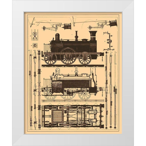 Locomotive Blueprint White Modern Wood Framed Art Print by Vintage Apple Collection