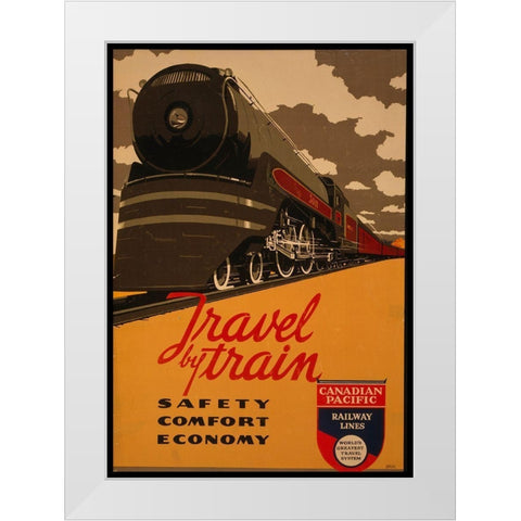 Travel By Train White Modern Wood Framed Art Print by Vintage Apple Collection