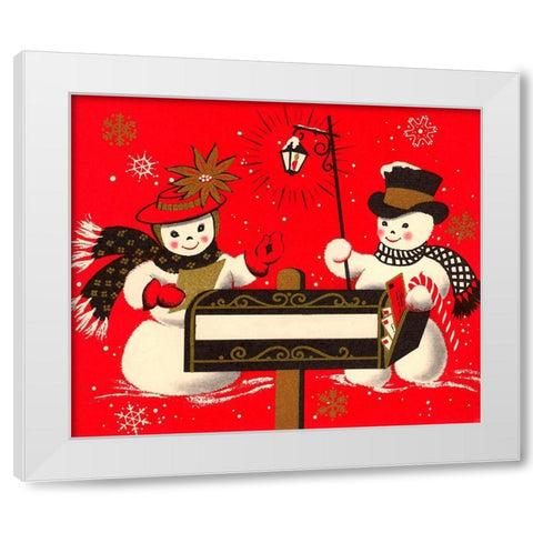 Vintage Christmas Snowmen White Modern Wood Framed Art Print by Vintage Apple Collection