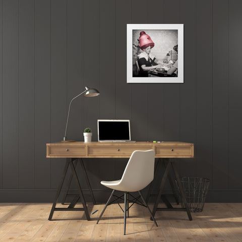 Pink Hair Dryer White Modern Wood Framed Art Print by Vintage Apple Collection