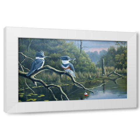 Fishermans Luck, Belted Kingfishers White Modern Wood Framed Art Print by Goebel, Wilhelm