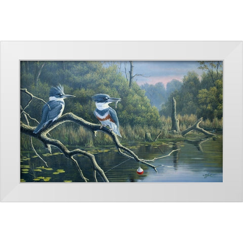 Fishermans Luck, Belted Kingfishers White Modern Wood Framed Art Print by Goebel, Wilhelm