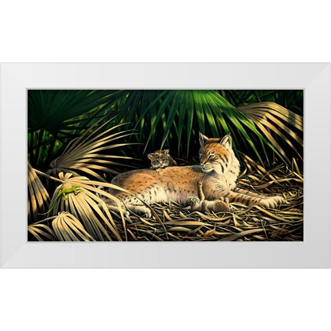 Sunny Spot Bobcat with Kittens White Modern Wood Framed Art Print by Goebel, Wilhelm