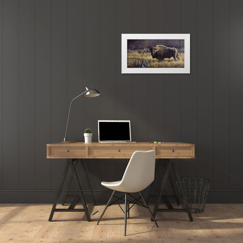 Bison And Magpies White Modern Wood Framed Art Print by Goebel, Wilhelm