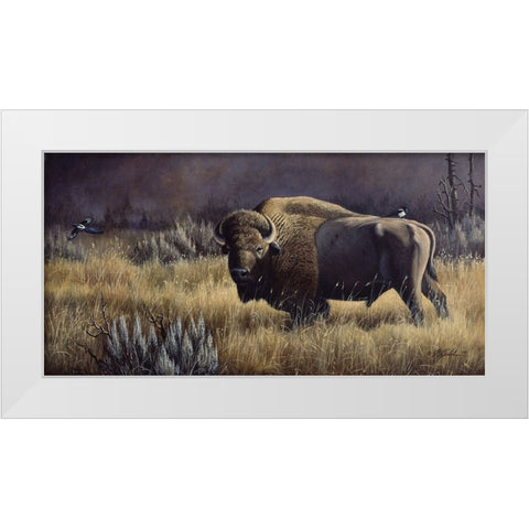 Bison And Magpies White Modern Wood Framed Art Print by Goebel, Wilhelm
