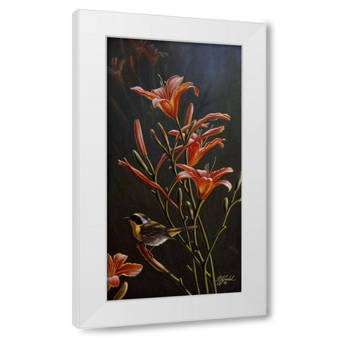 Yellowthroat And Daylilies White Modern Wood Framed Art Print by Goebel, Wilhelm