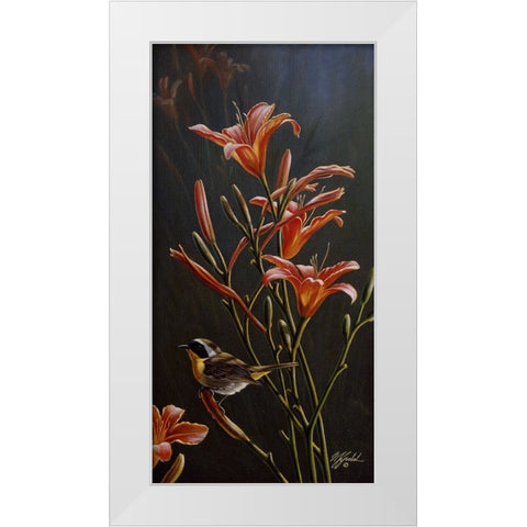 Yellowthroat And Daylilies White Modern Wood Framed Art Print by Goebel, Wilhelm