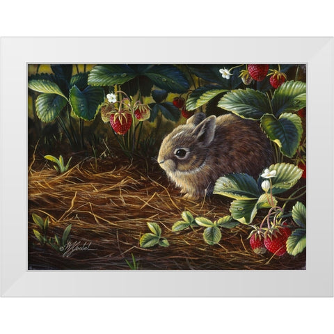 Young Cottontail And Strawberries White Modern Wood Framed Art Print by Goebel, Wilhelm