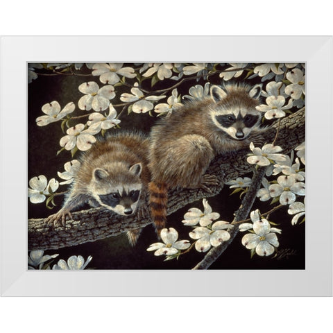 Dogwood Hideout - Young Raccoons White Modern Wood Framed Art Print by Goebel, Wilhelm