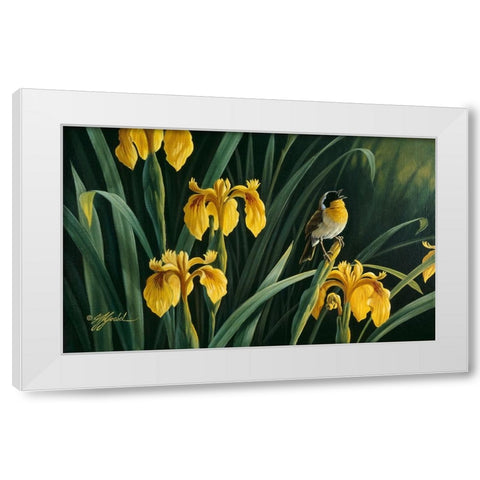 Yellow Flags And Yellowthroat White Modern Wood Framed Art Print by Goebel, Wilhelm