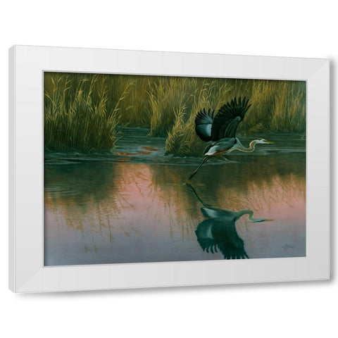 Evening Flight - Great Blue Heron White Modern Wood Framed Art Print by Goebel, Wilhelm